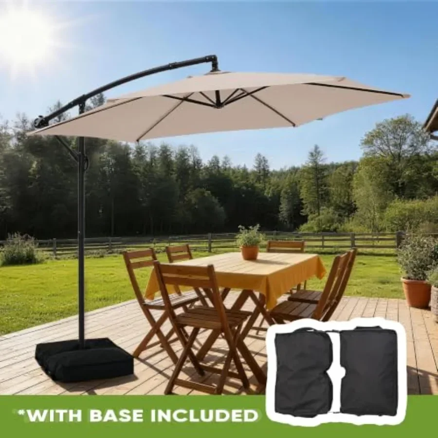 10Feet Cantilever Offset Patio Outdoor Umbrella with Base Included, polyester fabric, sand color, tilt and rotation functionali