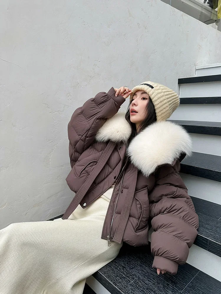 Winter New Fox Fur Collar White Goose Down Fashionable Short Women's Down Coat Long Sleeved Warm Jacket