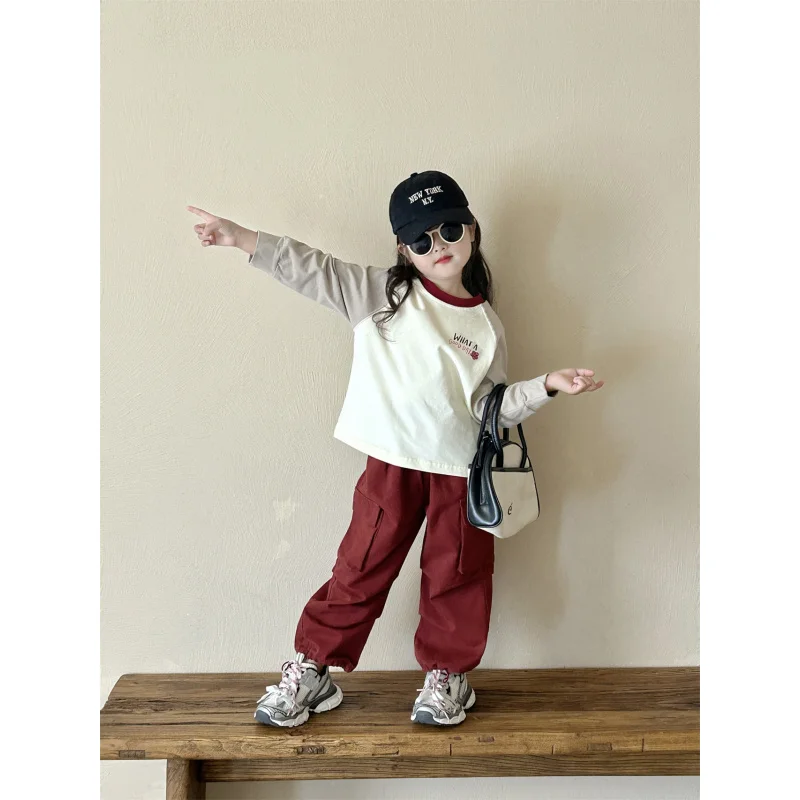 Girls' Long SleevesTT-shirt2024Autumn Children's Cotton Base Shirt Little Girl Letter Loose Top Overalls