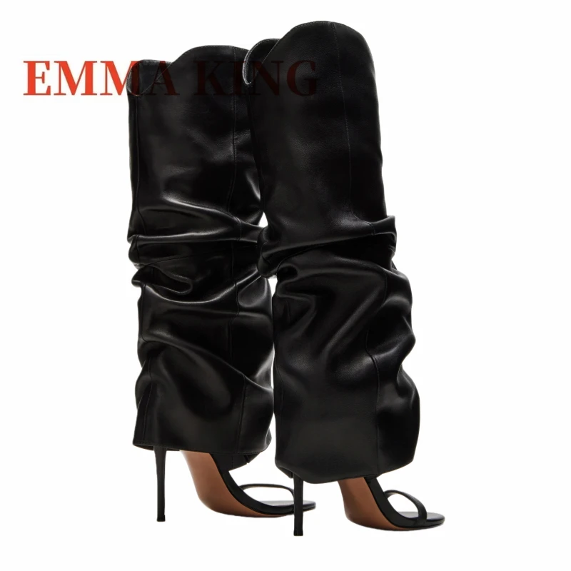 مثير المفتوحة تو حذاء بكعب عالٍ للركبة أسود بولي Leather جلد خنجر عالية الكعب مطوي أحذية الصيف النساء الفاخرة تصميم بوتاس دي Mujer