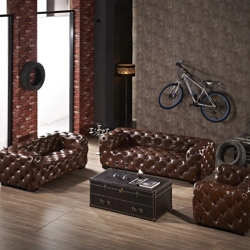 American light luxury industrial style sofa, vintage pull-up leather sofa, homestay small living room multi-person sofa