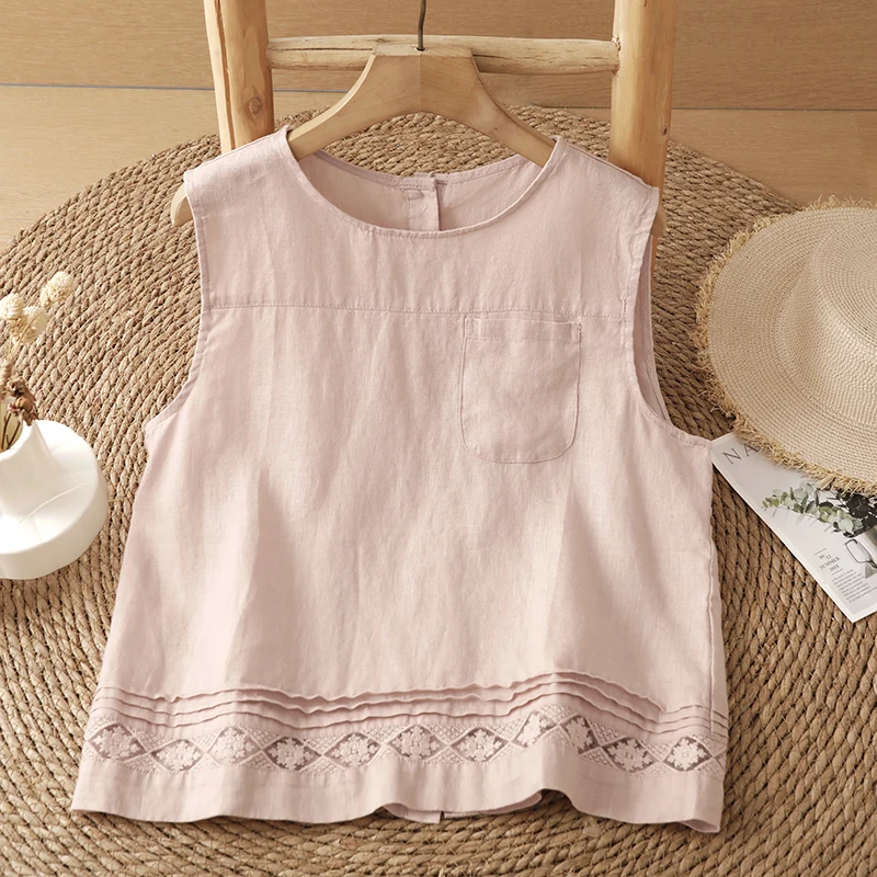 Elegant Hollow out Splice Sleeveless Linen Shirt Women's Summer Thin Back Button Loose Top Comfortable Fit H-Shape Vest