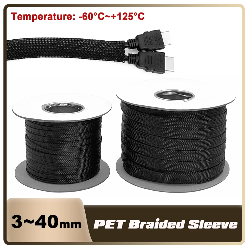 5/10M Black Braided Cable Sleeve PET Nylon Wrapping Casing Wire Cable Sleeves Insulated Tube 2/3/4/6/8/10/12/15/20/25/30mm