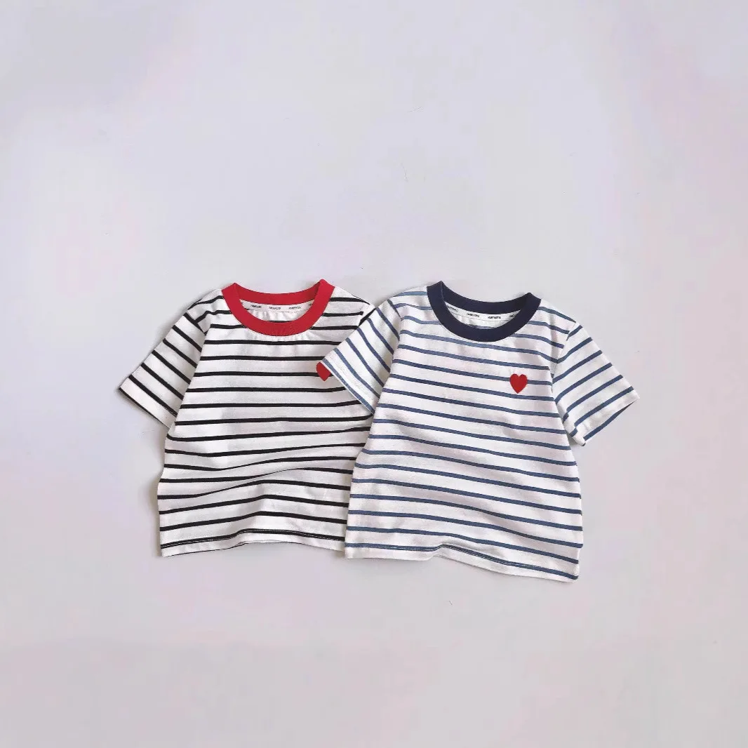 

2025 Summer New Baby Short Sleeve Striped T Shirts Cotton Girls Loose Heart Tee Children Versatile Casual Tops Kids Clothes