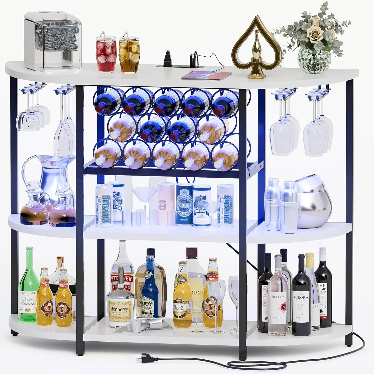

Wine Bar Cabinet for Liquor Bar Table Bar Cabinet with Lights and Outlet 4-Tier Storage Freestanding Wine Racks with Glass Holde