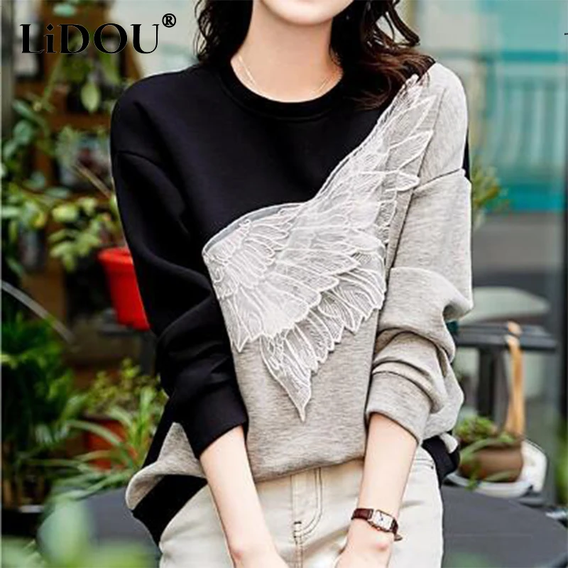 Spring Autumn O Neck Feather Embroidery Patchwork Loose Casual Jumper Top Women Long Sleeve Simple All-match Pullover Sweatshirt