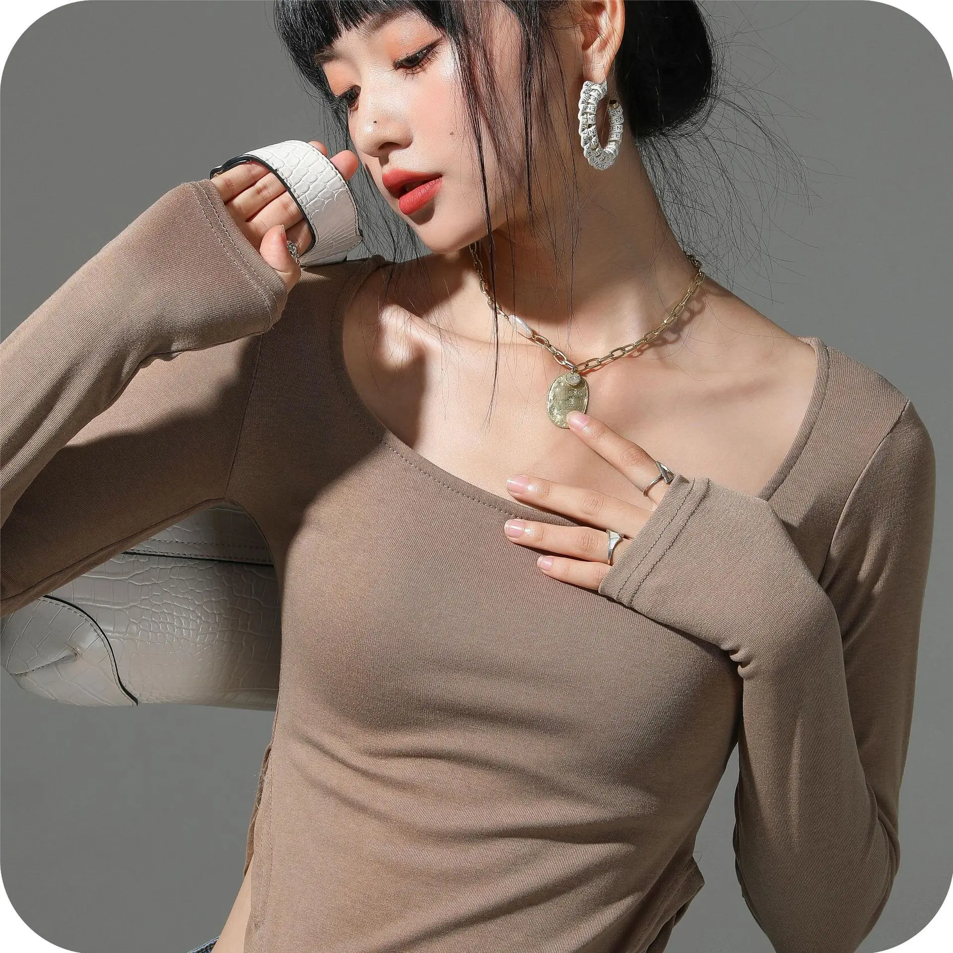 Tshirts Superior Quality spring/summer Split Side Solid Color Slim Long Sleeve O Neck Ladies Tops Dropshipping FSDZ1644