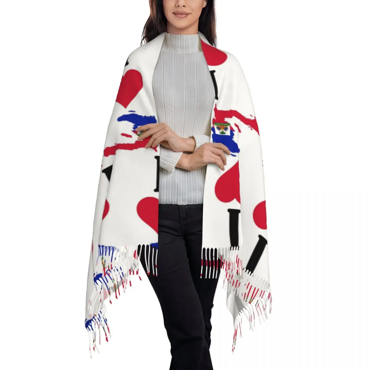 I Love Haiti I Heart Haitian National Flag Map Scarf Tassel Scarves Women Soft Warm Shawls and Wraps Long Fall Winter Shawl Wrap