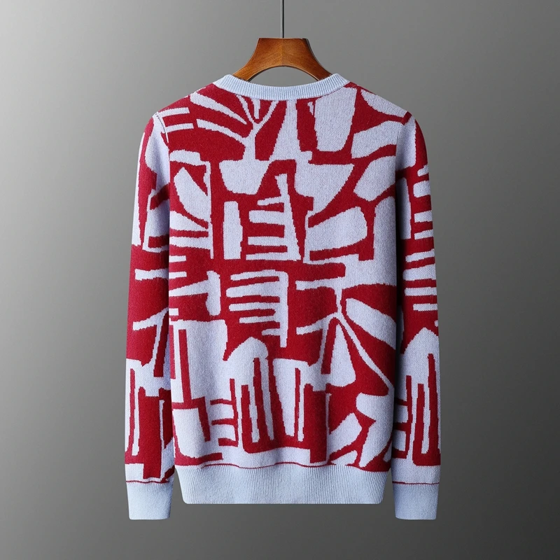 New Men's Sweater 100% Cashmere Autumn Winter Fashion Knitted Jacquard Pullover Color blocked O-Neck Thickened Men's Wear Top