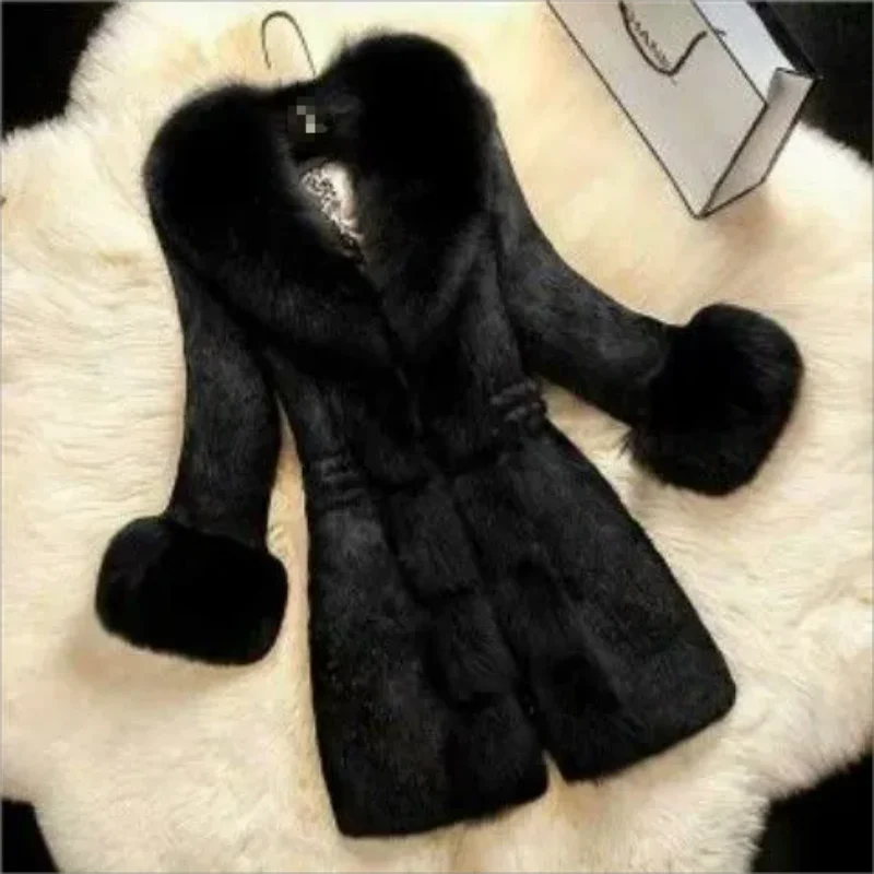 Faux Fur Coat for Women's Fashion High-end Faux Rabbit Fur Coat 2024 New Women's Coat Medium Length New Large Fur Collar Coat