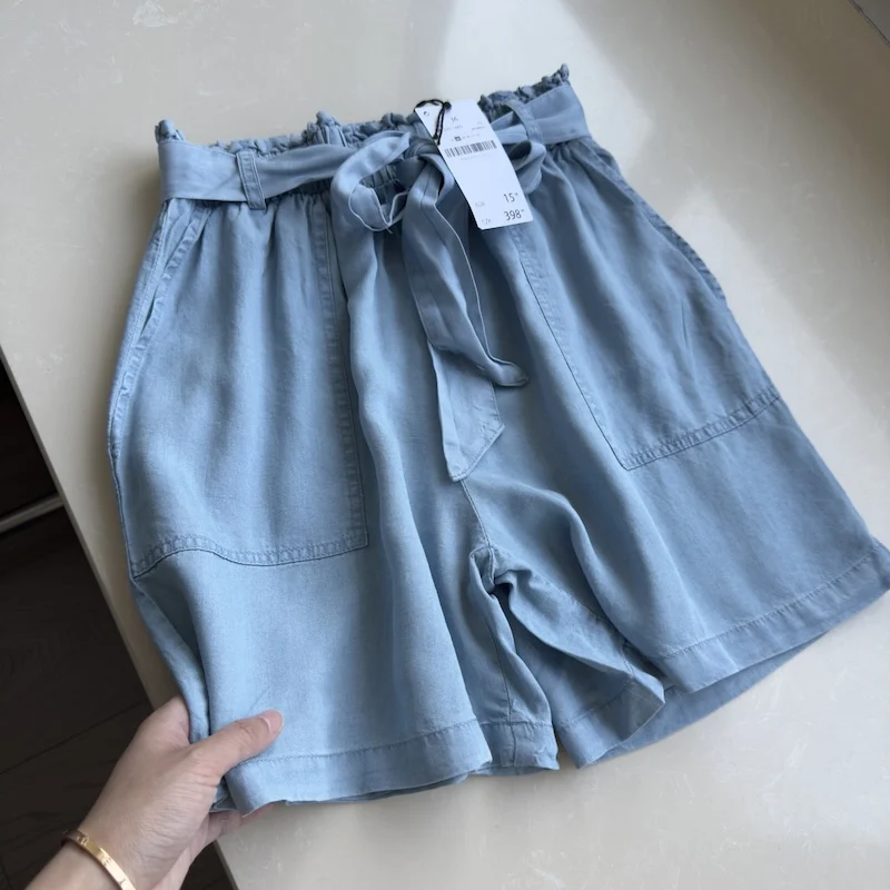 アイスシルクレースアップデニムショーツ夏の女性の弾性ハイウエストカジュアルワイドレッグショーツ特大ルーズショートパンツ S-3XL