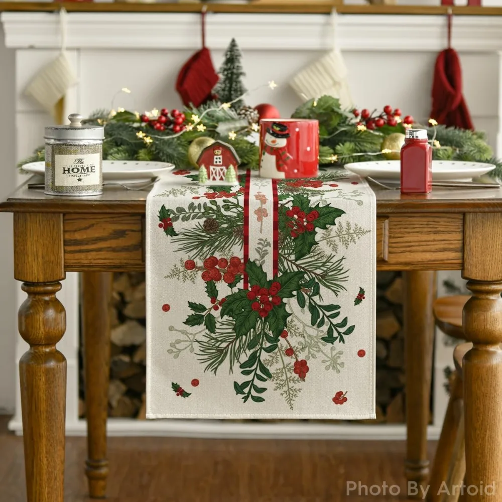 Artoid Mode Cone Leaves Floral Christmas Table Runner, Seasonal Winter Kitchen Dining Table Decoration for Home Party Decor