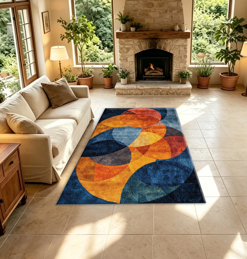 Modern Abstract Overlapping Circles Carpet, Vintage Blue Orange Yellow Texture Non-Slip Floor Rug, Suitable for Living Room Office Home Decoration