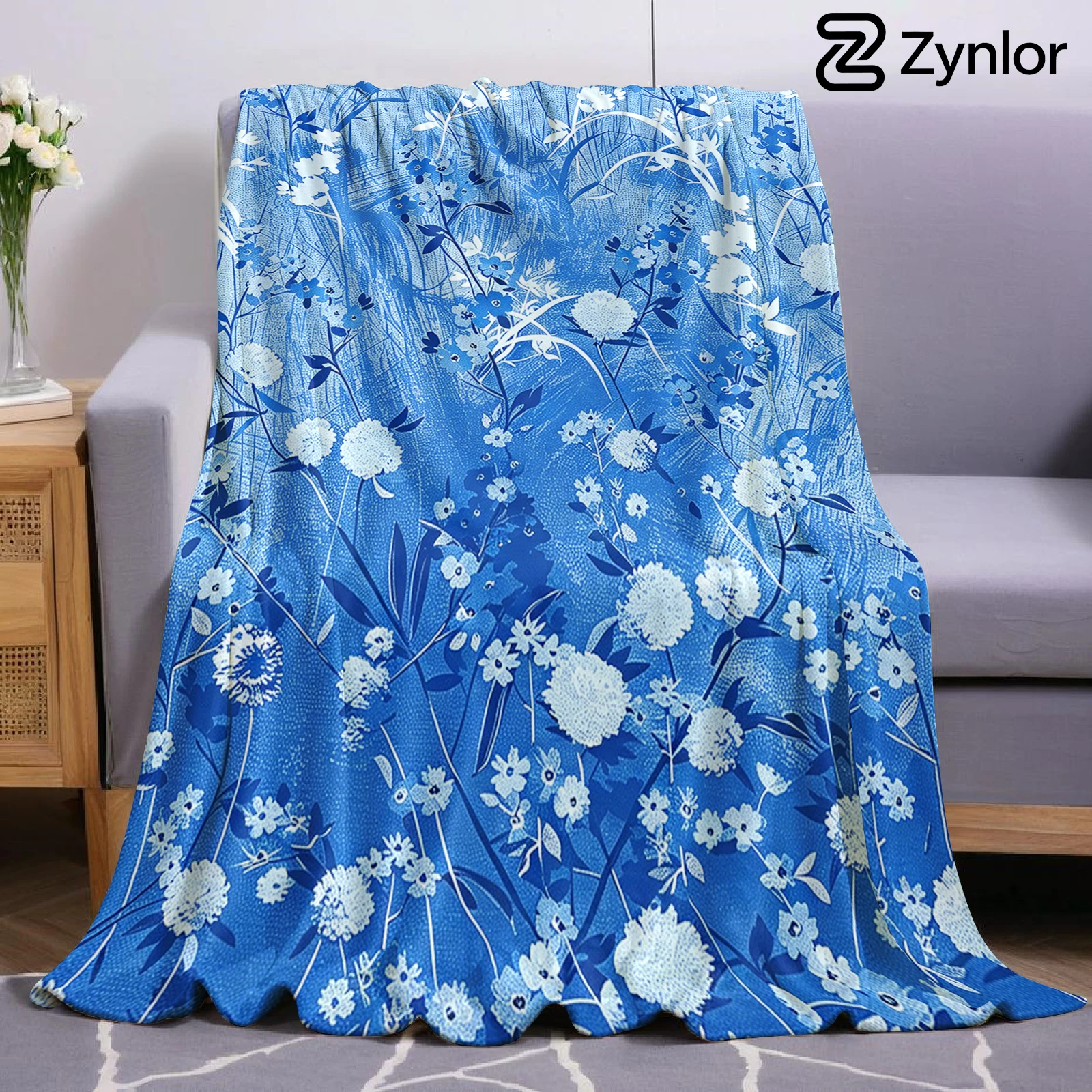 Blue Wildflower Meadow Lightweight Microfiber Soft Christmas Fleece Blanket Warm Cozy Throw for Sofa Office Travel All Season