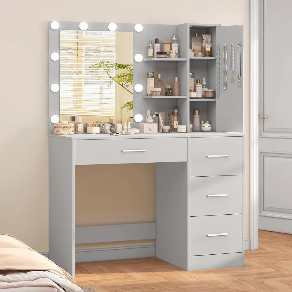 Vanity with Lights, Vanity Desk with Mirror and 10 LED Lights, Vanity Table Set with 4 Drawers, Cabinet & 4 Necklace Hooks