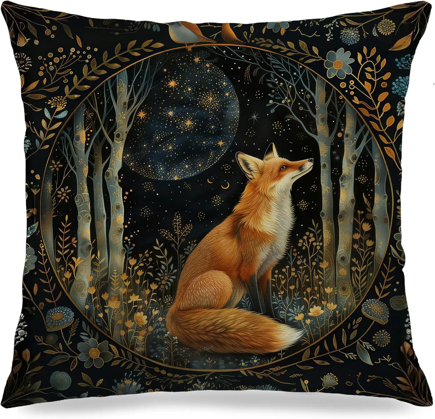 Boho Forest Fox Celestial Moon Pillowcase 18x18 Inch Woodland Wildlife Starry Night Boho Animal Print Cushion Cover