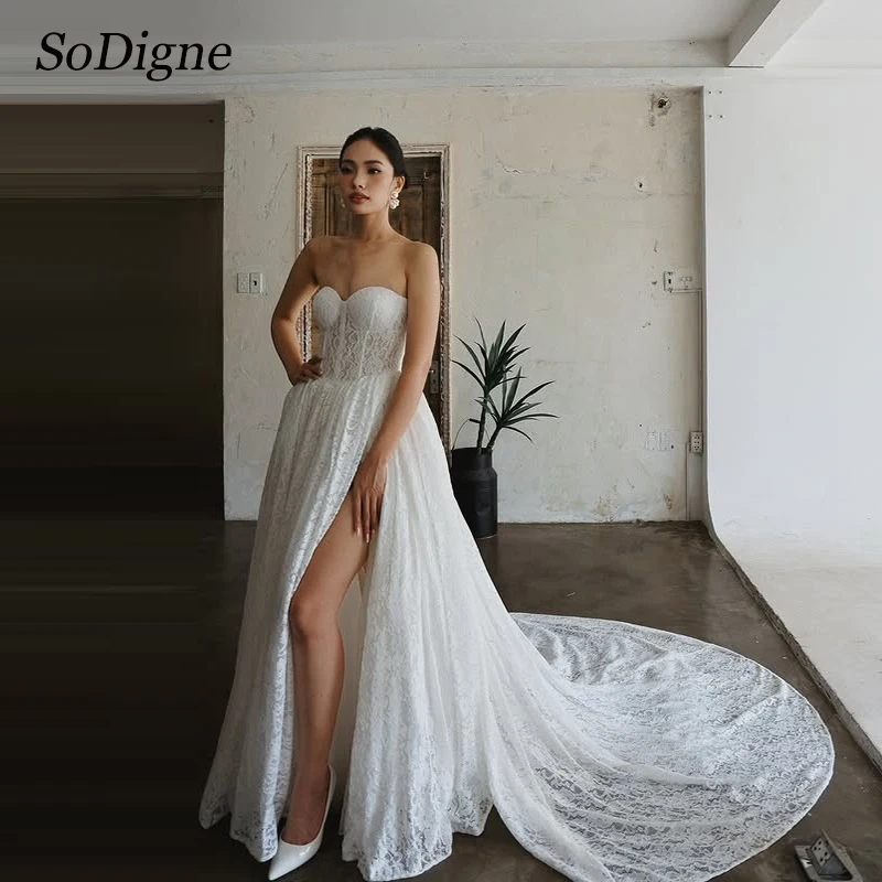 

SoDigne A-line Lace Wedding Dress Sweetheart Sleeveless Long Bride Dresses Split Bridal Gowns vestidos de novia Customized