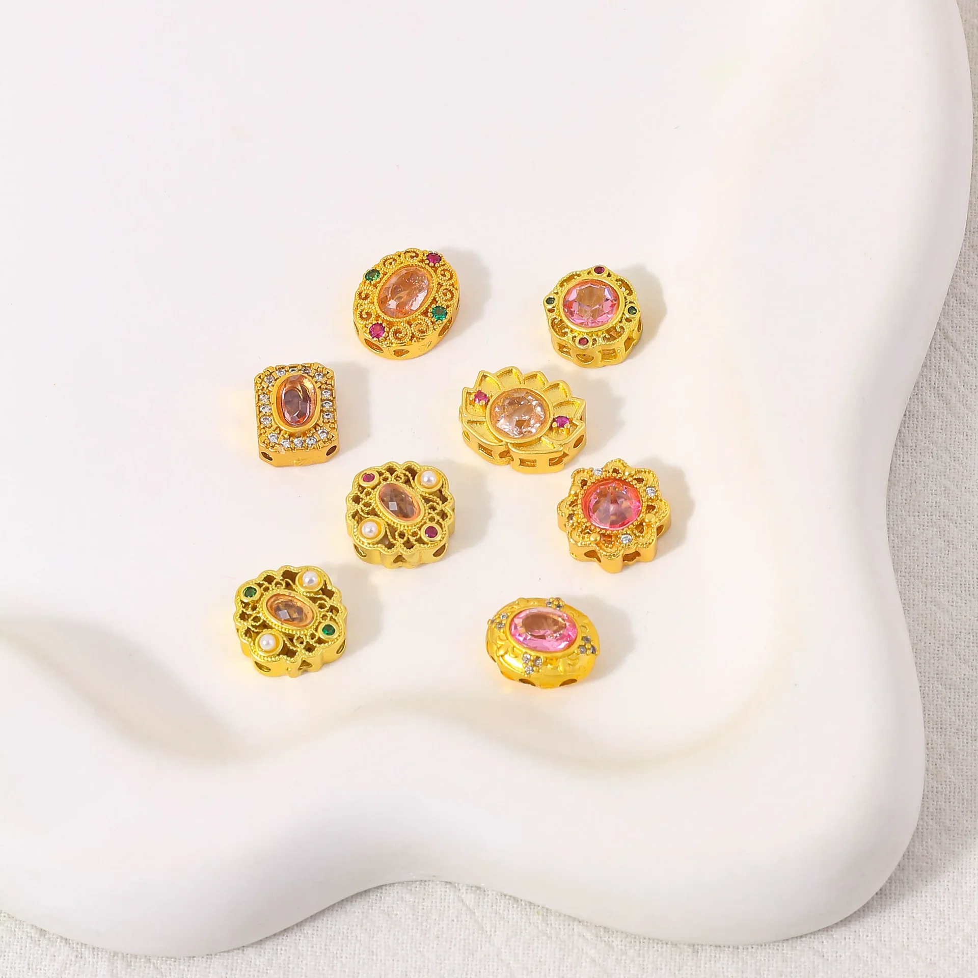 5 Pcs Copper Gold-plated Inlaid Pink Crystal Spacer Beads DIY Pearl Bracelet Necklace Hand String Jewelry Accessories Wholesale