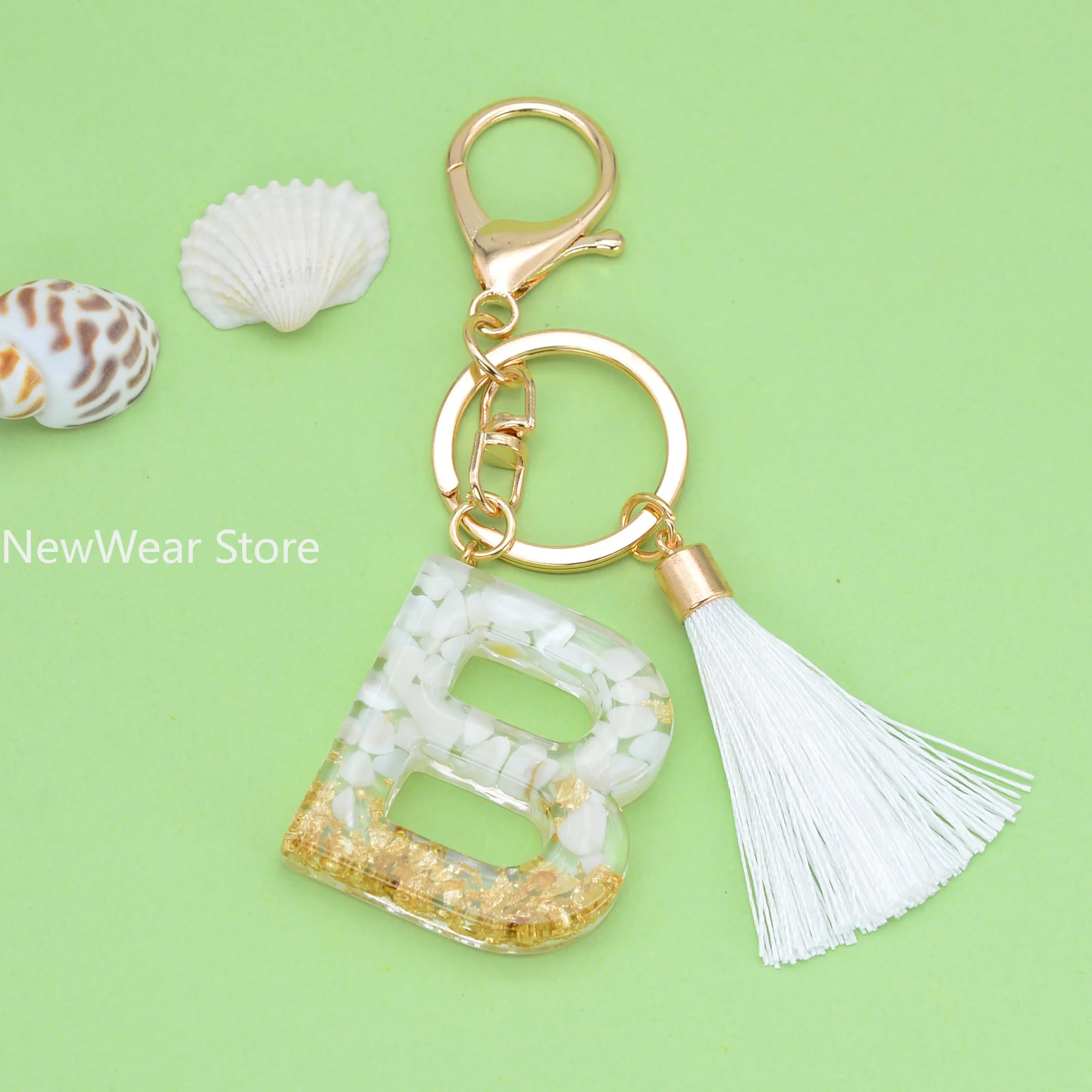 Exquisite white Glazed Stone A to Z Resin Keychain 26 Initials Butterfly Tassel Pendant Keyring for Women Men Car Key HolderGift