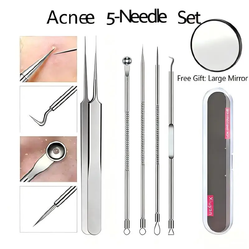 6-teiliges Set zum Entfernen von Mitessern aus Edelstahl – Akne-Nadel, Clip und Lupe für Gesichtsporen, saubere Hautunreinheiten