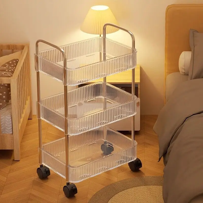 Transparent Acrylic Small Cart Snack Storage Rack, Living Room Floor Standing Multi-Layer Movable Bathroom Bedroom Storage Rack