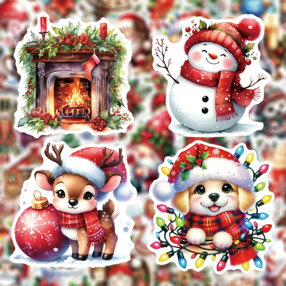 

10/30/60pcs Cartoon Retro Red Christmas Stickers Cute Animal and Santa Claus Decals Luggage Car Laptop Phone Sticker Decoration
