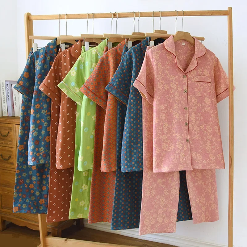 

Short Sleeved Cardigan Shirt Tops with Long Pants Cotton Color Woven Women's Home Clothes Summer Casual Sweet Conjunto Pajamas