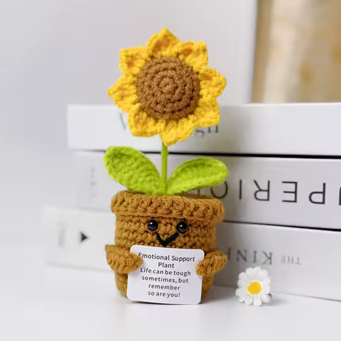 Positive Crochet Sunflower with Confidence Emotional Compound with Card, Mini Funny Flowers Ornaments Decorations