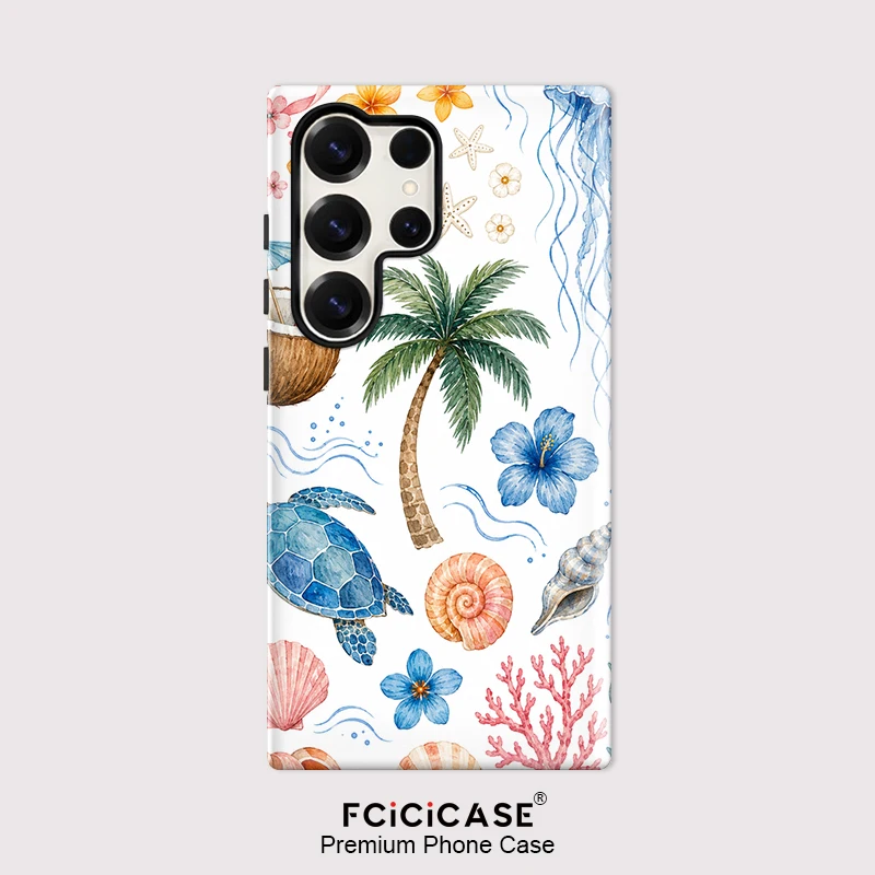 Fcicicase Sea Turtle Coconut Tree Print Phone Case For Samsung Galaxy S26 Plus A56 A16 S25 A26 A36 S24+ S23 Dual Layer Cover