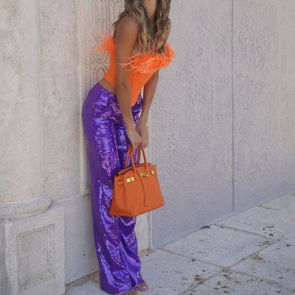 

New summer high-end contrast color feather tube top sequin trousers two-piece suit European and American suit-GZXX416