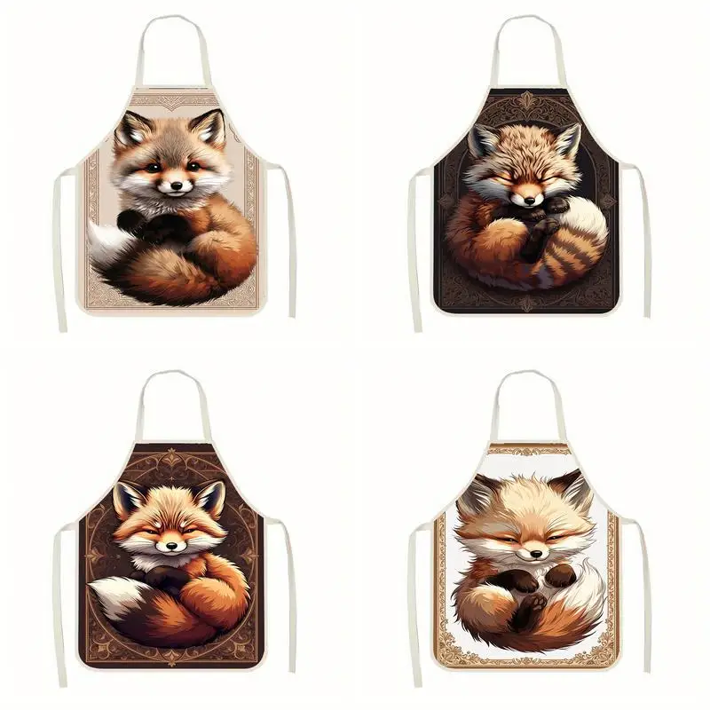 

Cute Fox Digital Print Linen Apron, Suitable For Kitchen Cooking, Parent-Child Interaction, Painting And Other Scenarios