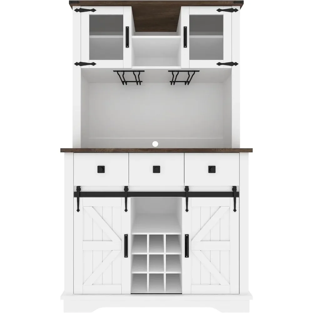 

70" Coffee Bar Wine Cabinet with Sliding Barn Door, Rustic Buffet Cabinet，3 Drawers, Liquor Cabinet with Storage Shelves