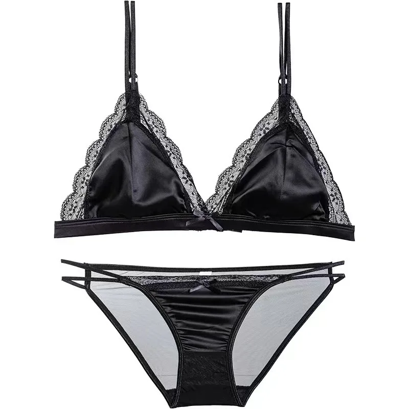 Conjunto sexy anti-flacidez de sutiã de cetim, copa triangular, roupa íntima francesa com renda, tela grande, pequena e fina