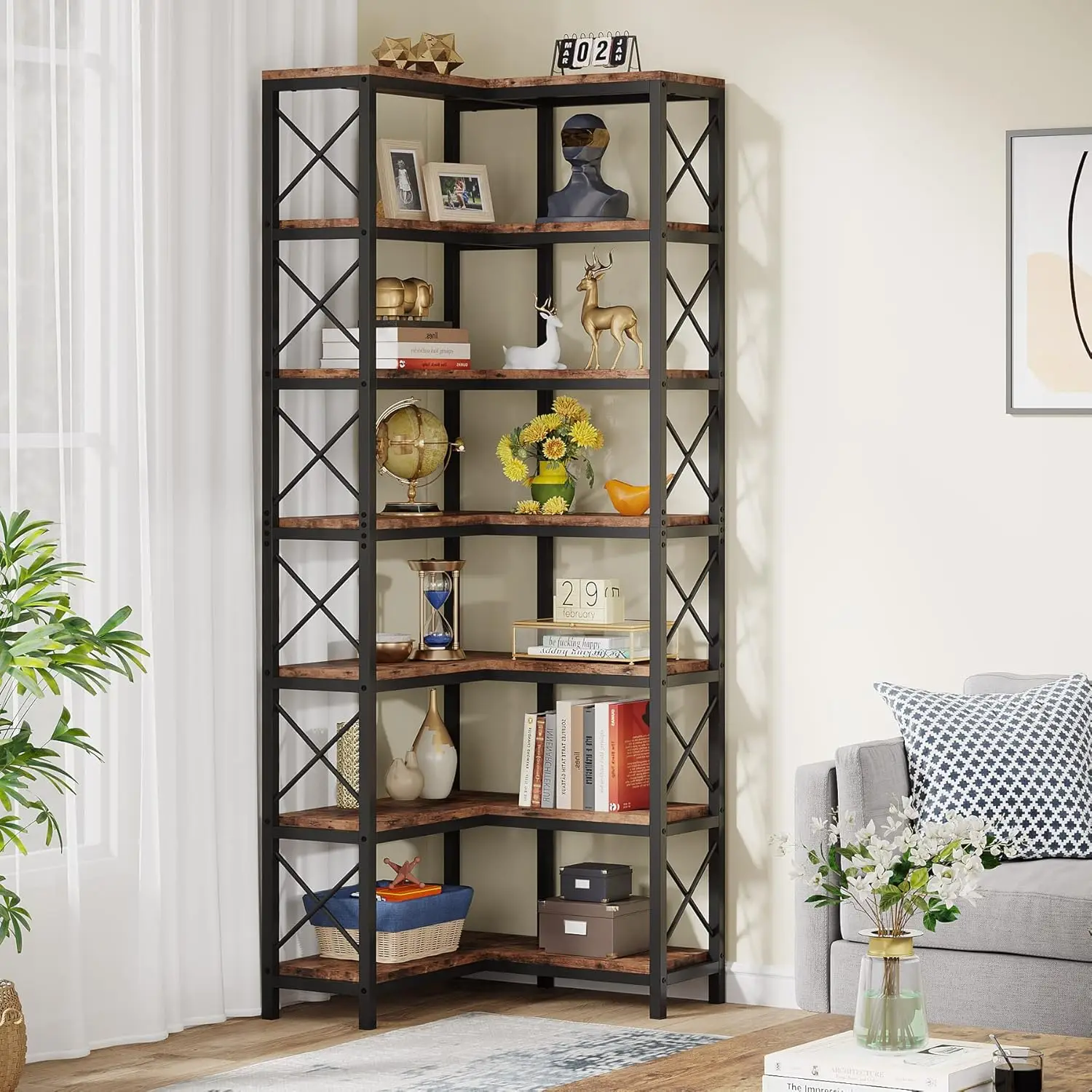 Grande estante de canto moderno, 7 andares Metal Frame, armazenamento Display Rack, adequado para salas e escritórios em casa