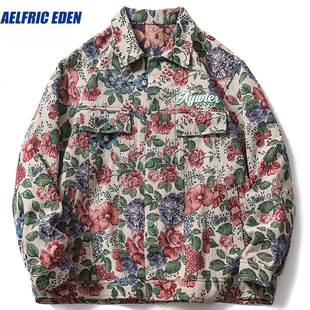 

Aelfric Eden Men's Baggy Jacket Abstract Flower and Grass Embroidery Splicing Hip Hop Single Breasted Coat Couple Streetwear Top