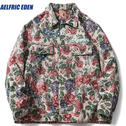 Aelfric Eden Men's Baggy Jacket Abstract Flower and Grass Embroidery Splicing Hip Hop Single Breasted Coat Couple Streetwear Top