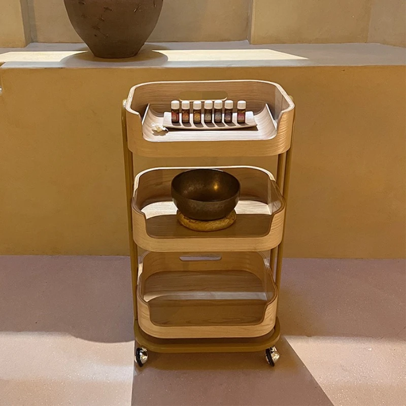 Solid Wood Organizer Cart with Wheels Removable Landed Storage Rack Aesthetic Simple Auxiliary Cart Beauty Salon Home Shelf