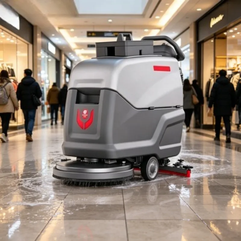 Automatic Battery Powered Walk-behind Floor Scrubber Ideal for Heavy-Duty Cleaning of Concrete Floors in Industrial Warehouses
