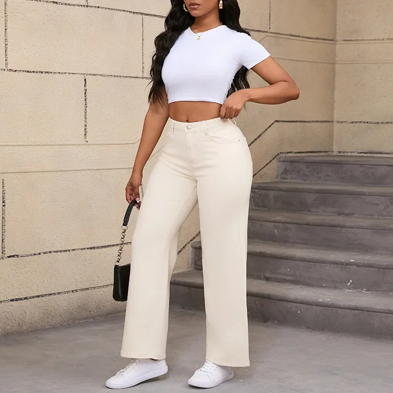 

Women Denim Straight Pants Print Jeans High Waist Stretch Washed Distressed Pockets 2025 Female Streetwear Ankle Length Trousers