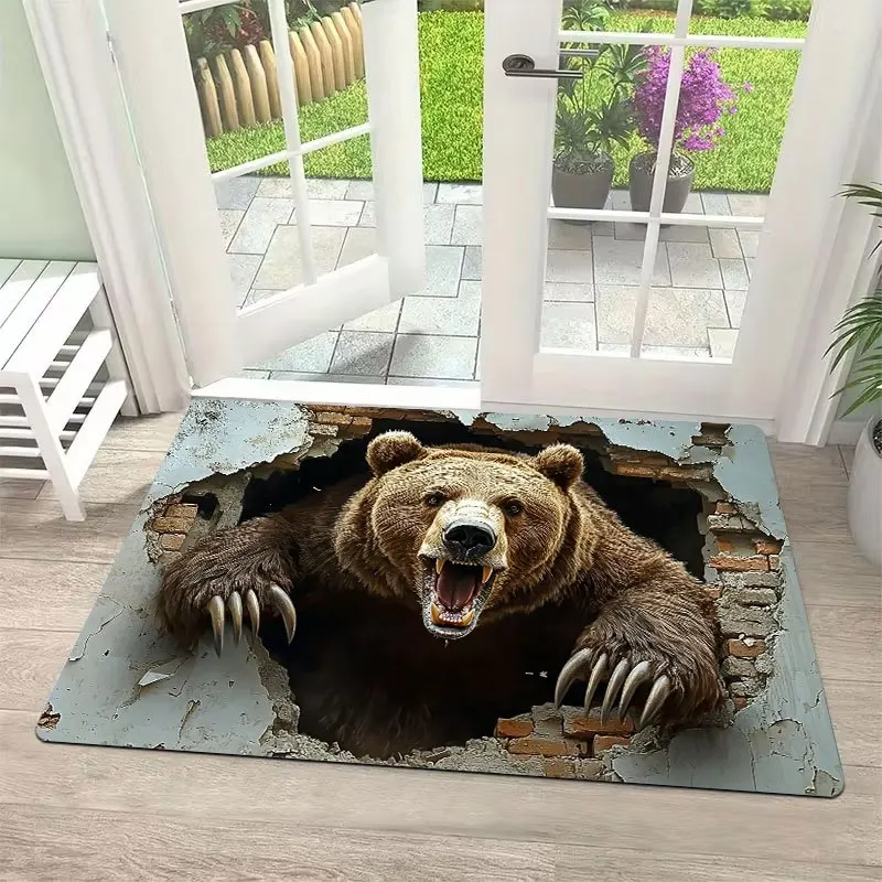 3D Bear Breaking Wall Rug - 2D Flat Printed Non-Slip Flannel Floor Mat for Bedroom & Living Room - Washable Animal Decor Mat