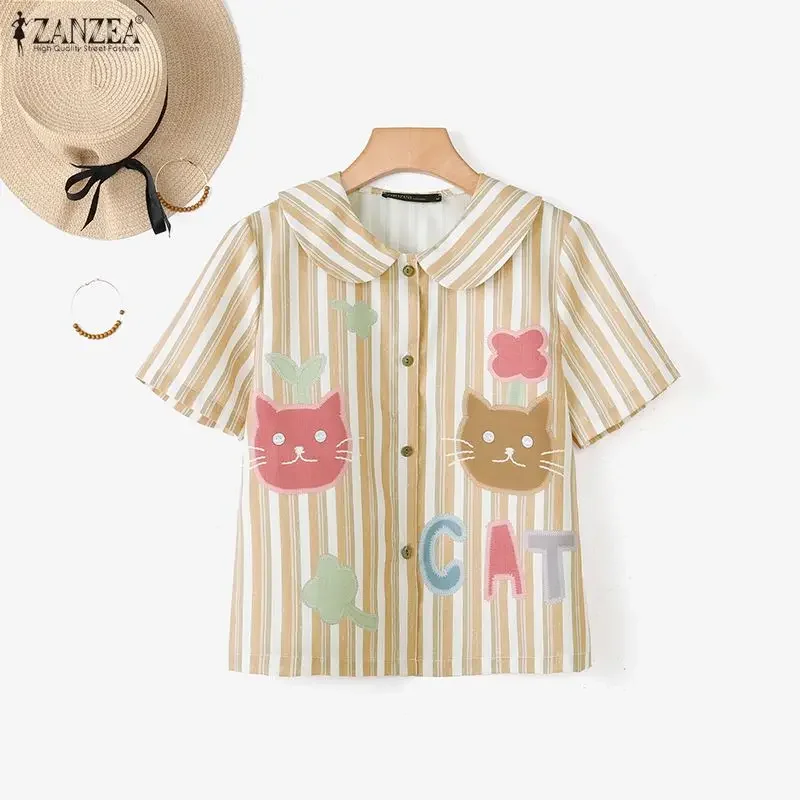 ZANZEA 패션 여성 반팔 셔츠 피터팬 칼라 스트라이프 블라우스 우아한 오피스 레이디 튜닉 탑 2026 여름 블라우스