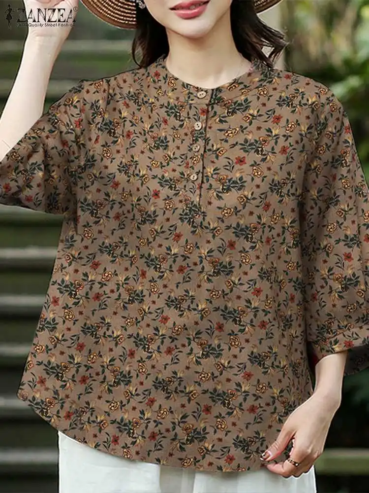 ZANZEA Fashion Floral Printed Blouse Summer 3/4 Sleeve O Neck Shirt Female Elegant Loose Tunic Tops Bohemian Holiday  Chemise