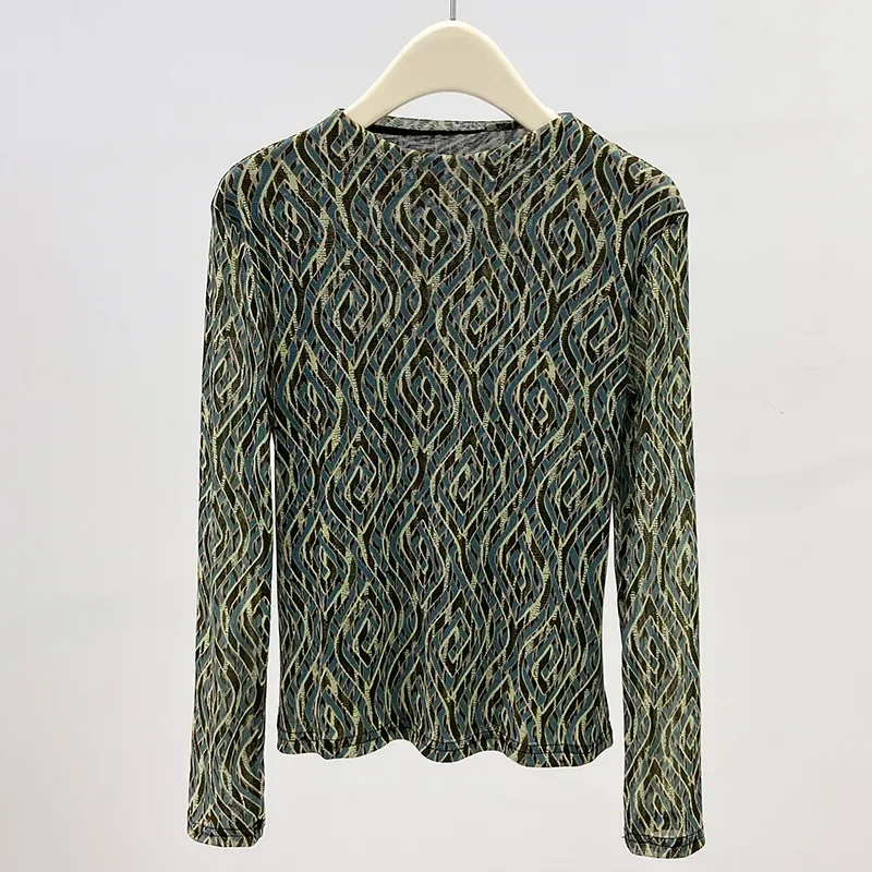 Noble and High-grade 2025 Early Autumn New Half-high Collar Long-sleeved Mesh Bottoming Top