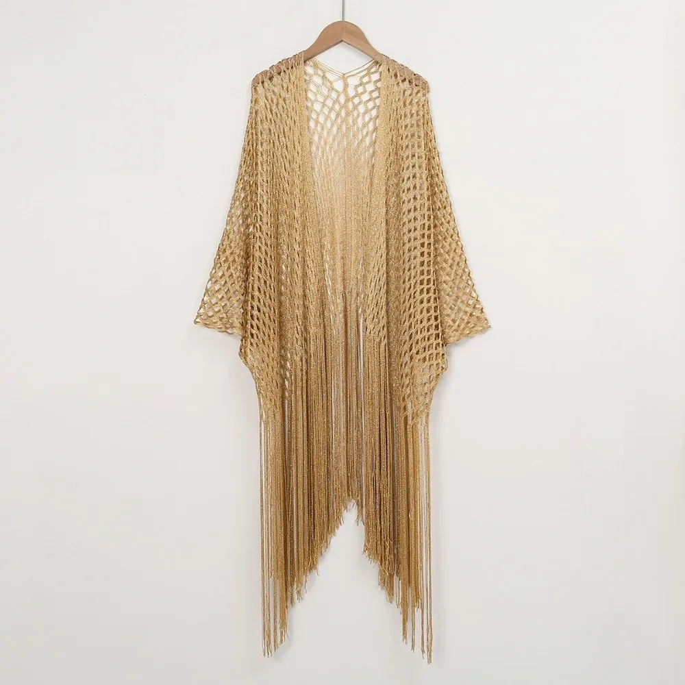 Fashion Tassel Patchwork Women Tulle Shawl V-Neck Cardigans Hollow Evening Prom Cape Shining Summer Scarf Cosplay
