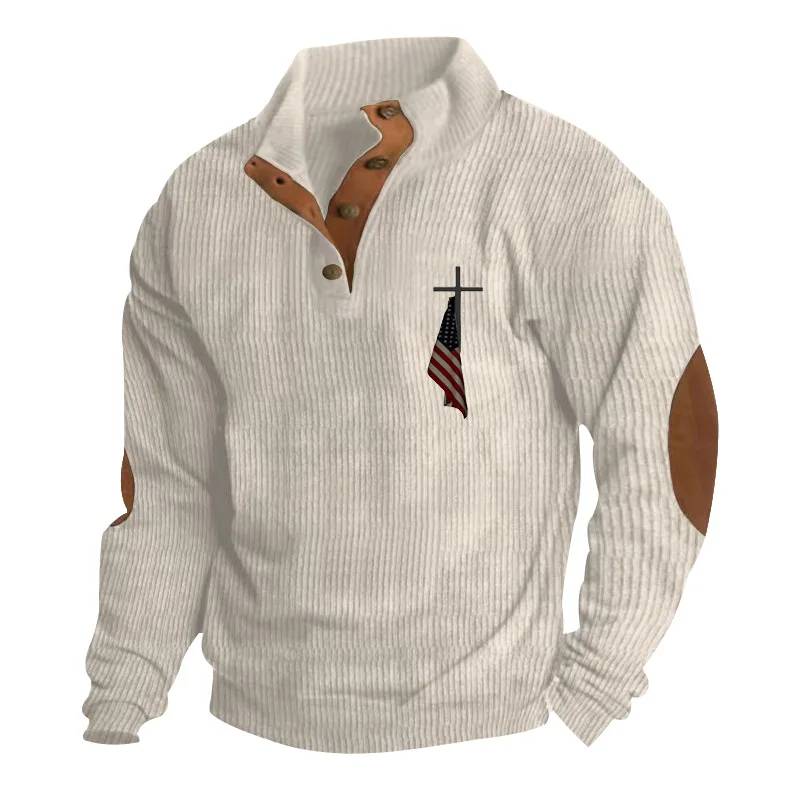 

New long-sleeved stand-up neck sweater retro printing men's loose casual corduroy four buttons