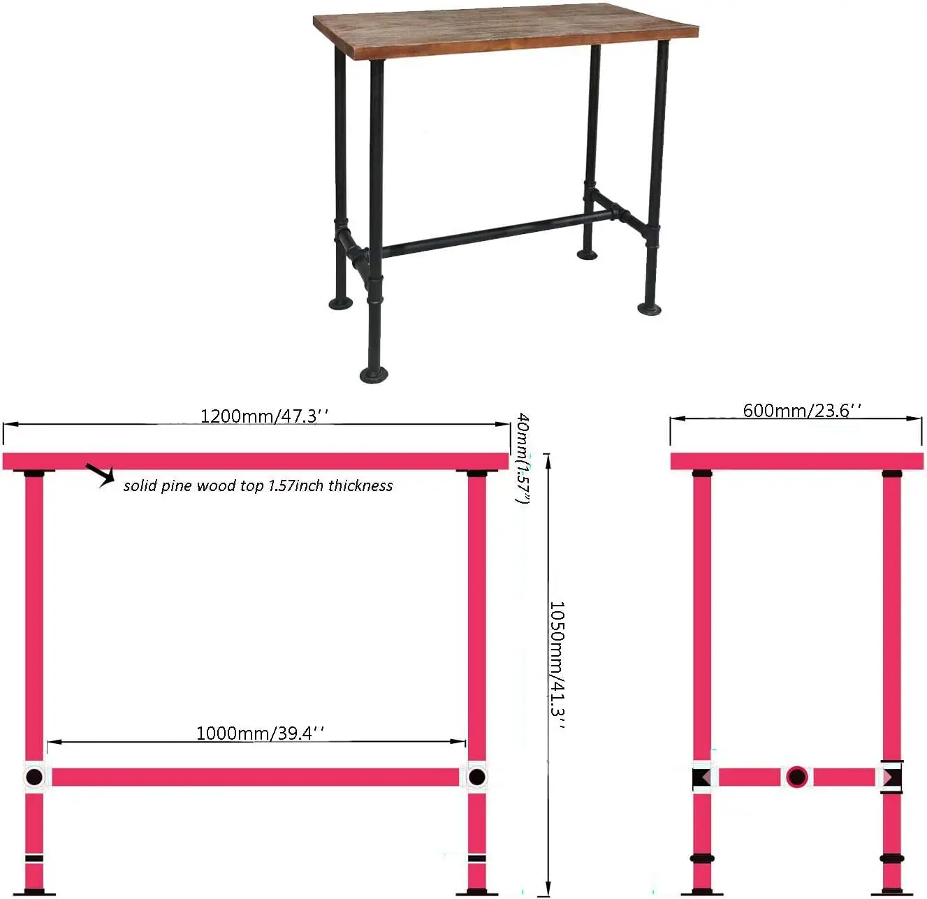 Industrial Bar Table & Stool Set 5-Piece Pipe Dining Pub Counter Height Adjustable Backrest Black, Customized - view 2