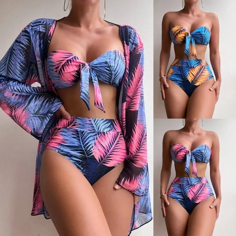 

Printed Three-Piece Bikini Set with Cape Swimsuit Women Push Up Swimwear Clothing Sexy Female Beach Trendy Swimming Bathing Suit