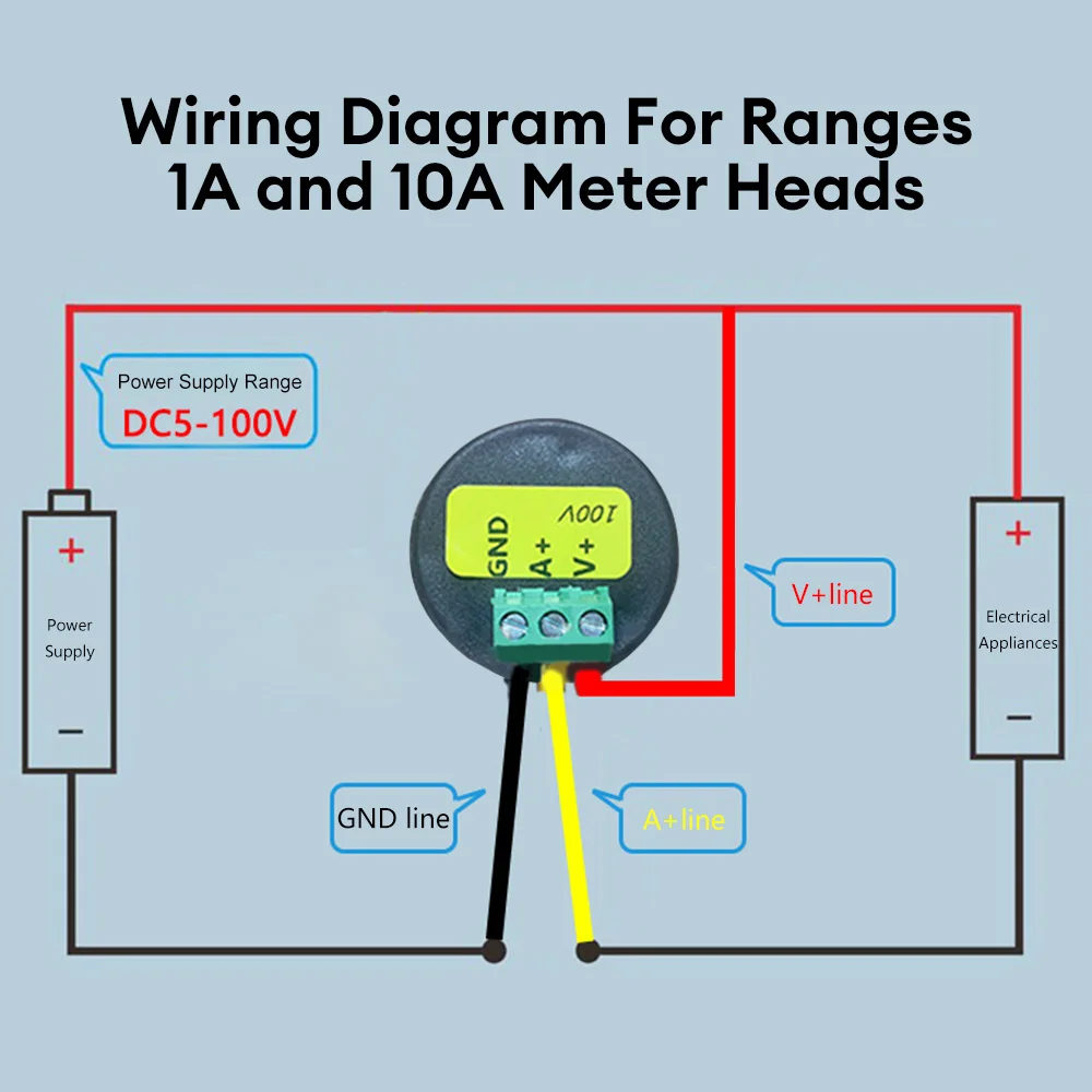 Voltímetro e amperímetro com display duplo LED circular DC 5-100V 1A, 10A, 50A, 100A Voltímetro e amperímetro automotivo, detector de tensão