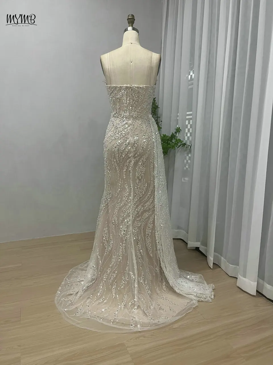 MYMB 신상 독점 화이트 스트랩리스 튤 롱 웨딩 파티 드레스 아랍 럭셔리 비즈 장식 머메이드 슬릿 프롬 파티 가운 (여성용)