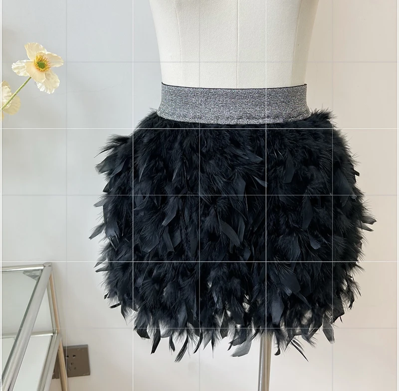 2023 Spring Summer New Fashion Feather Short A- Line Skirt Women Elastic Waist White All-Match Tutu Female Student Mini Skirt